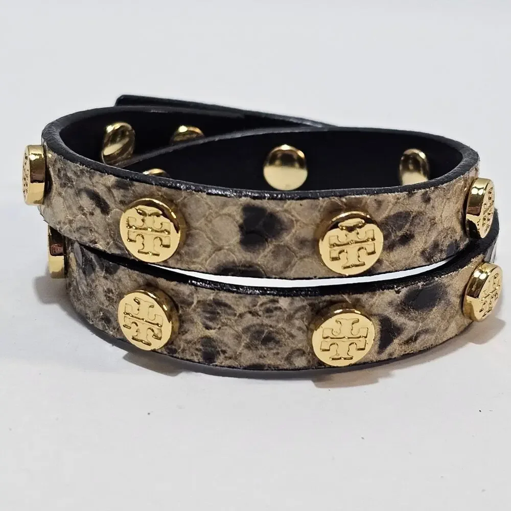 Tory Burch Snakeskin Black &‎ Brown Leather Logo Studded Double Wrap Bracelet